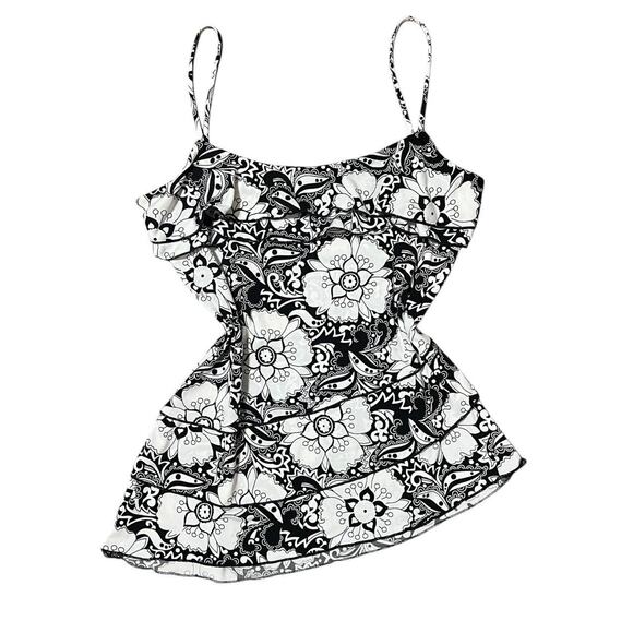 VTG Y2K A Byer White & Black Floral Ruffle Layered Asymmetrical Hem Cami Top M/S - Picture 1 of 7